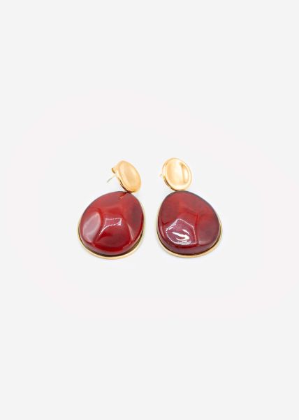 Stud earrings with oval red pendant - gold