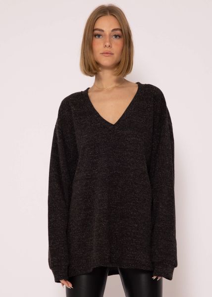 Lurex sweater with deep V-neck, dark gray
