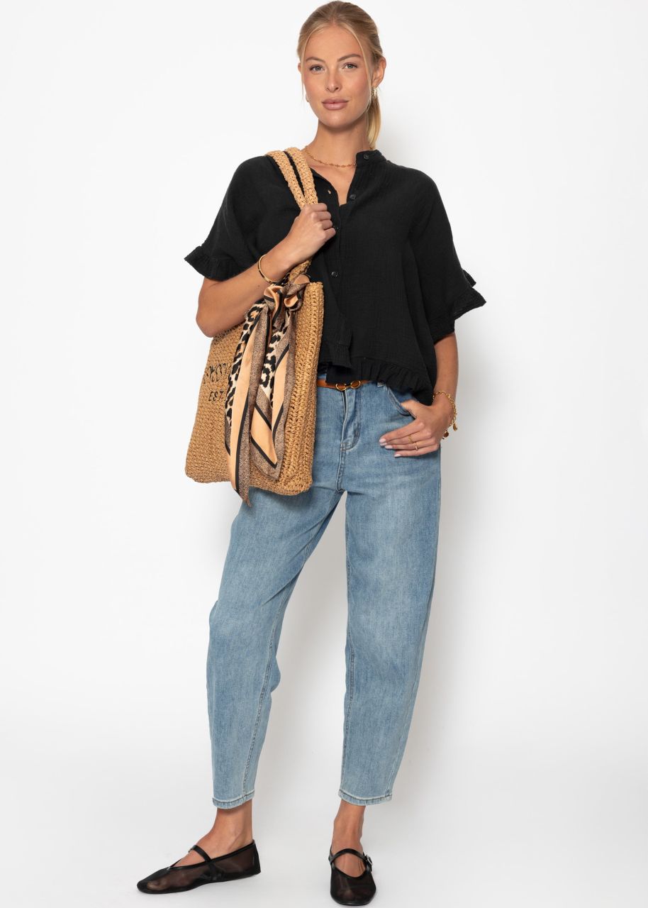 Muslin blouse with ruffle hem - black
