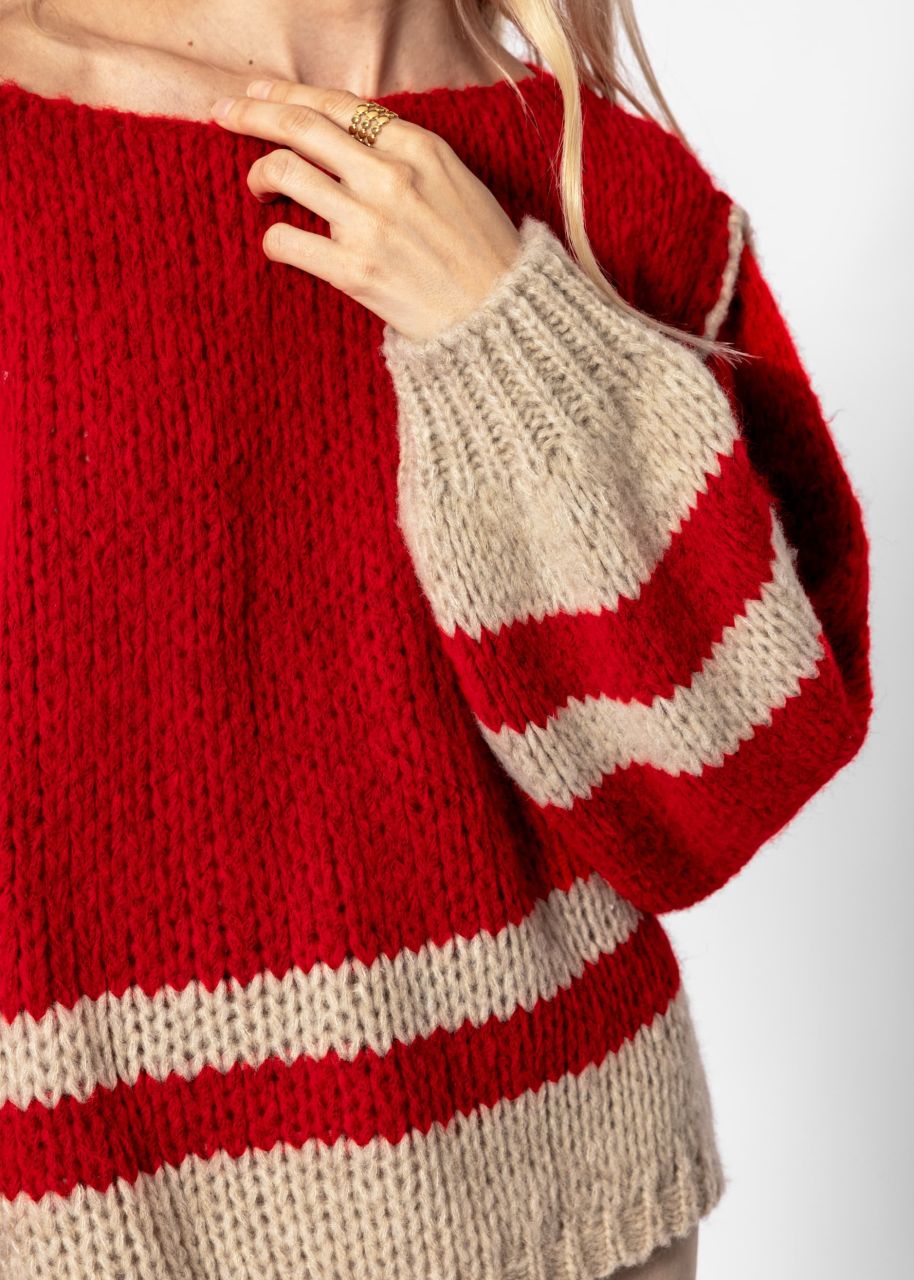 Jumper with striped hem - red-beige