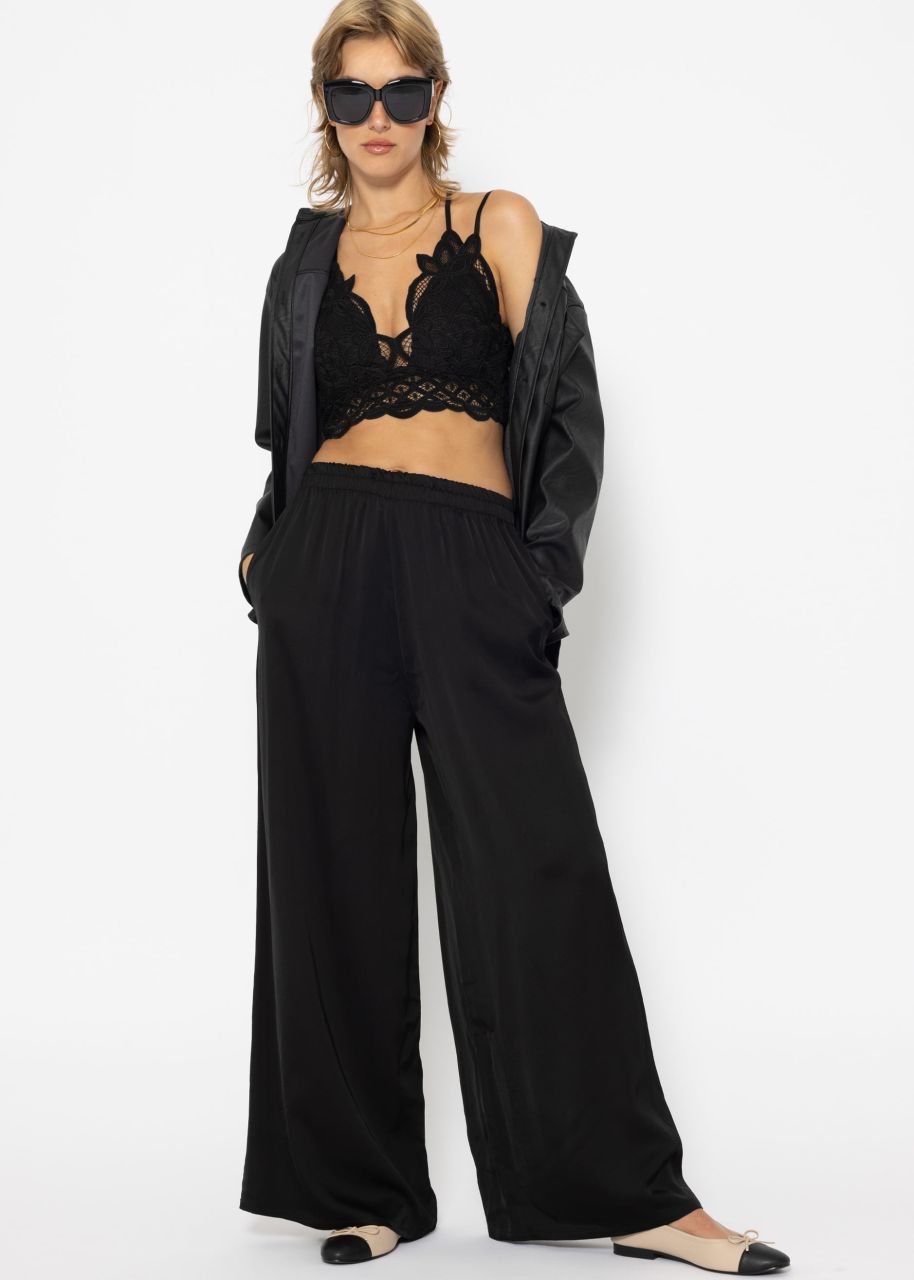 Satin trousers with wide leg - black