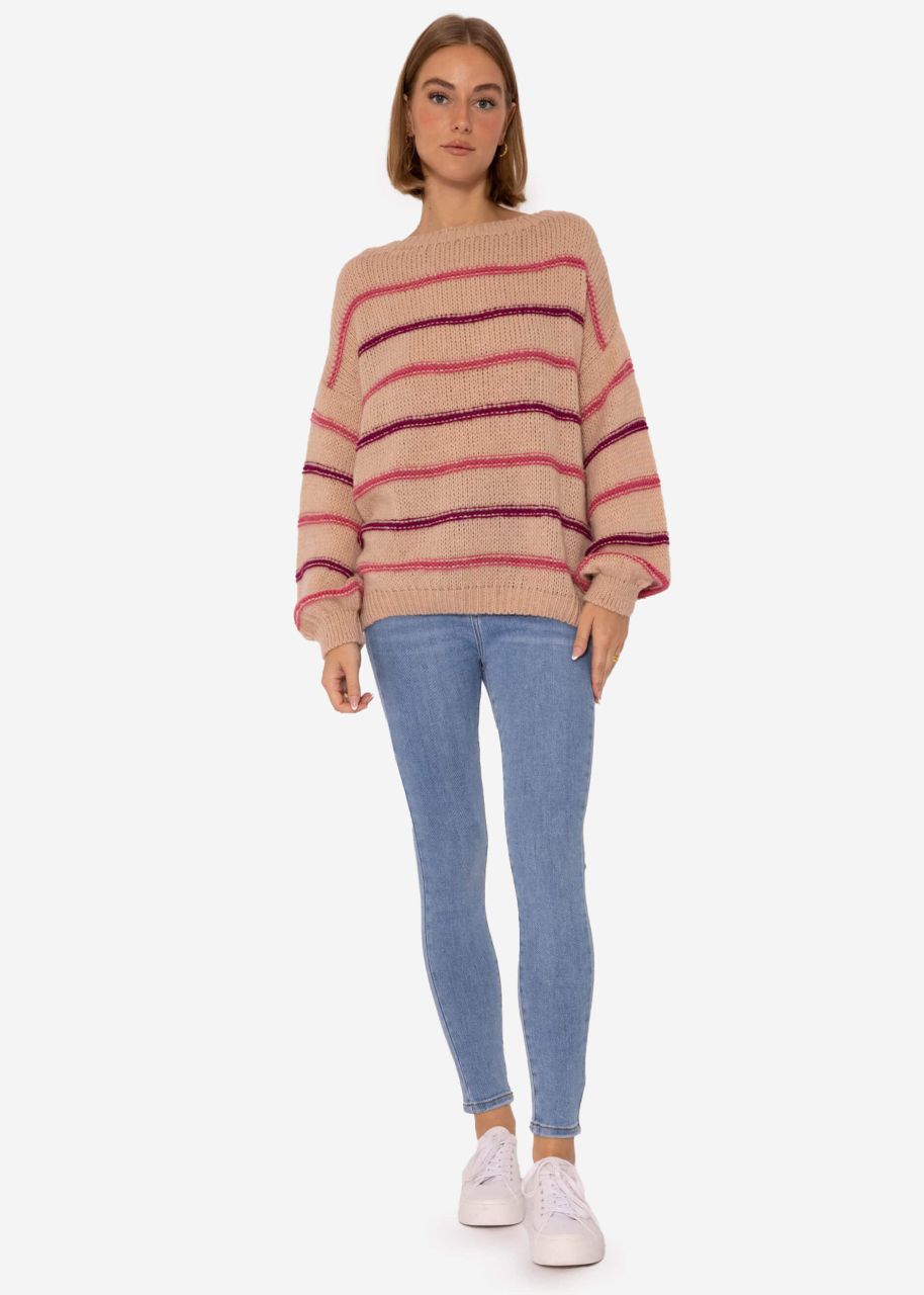 Knitted jumper with coloured stripes - nude-mauve-purple