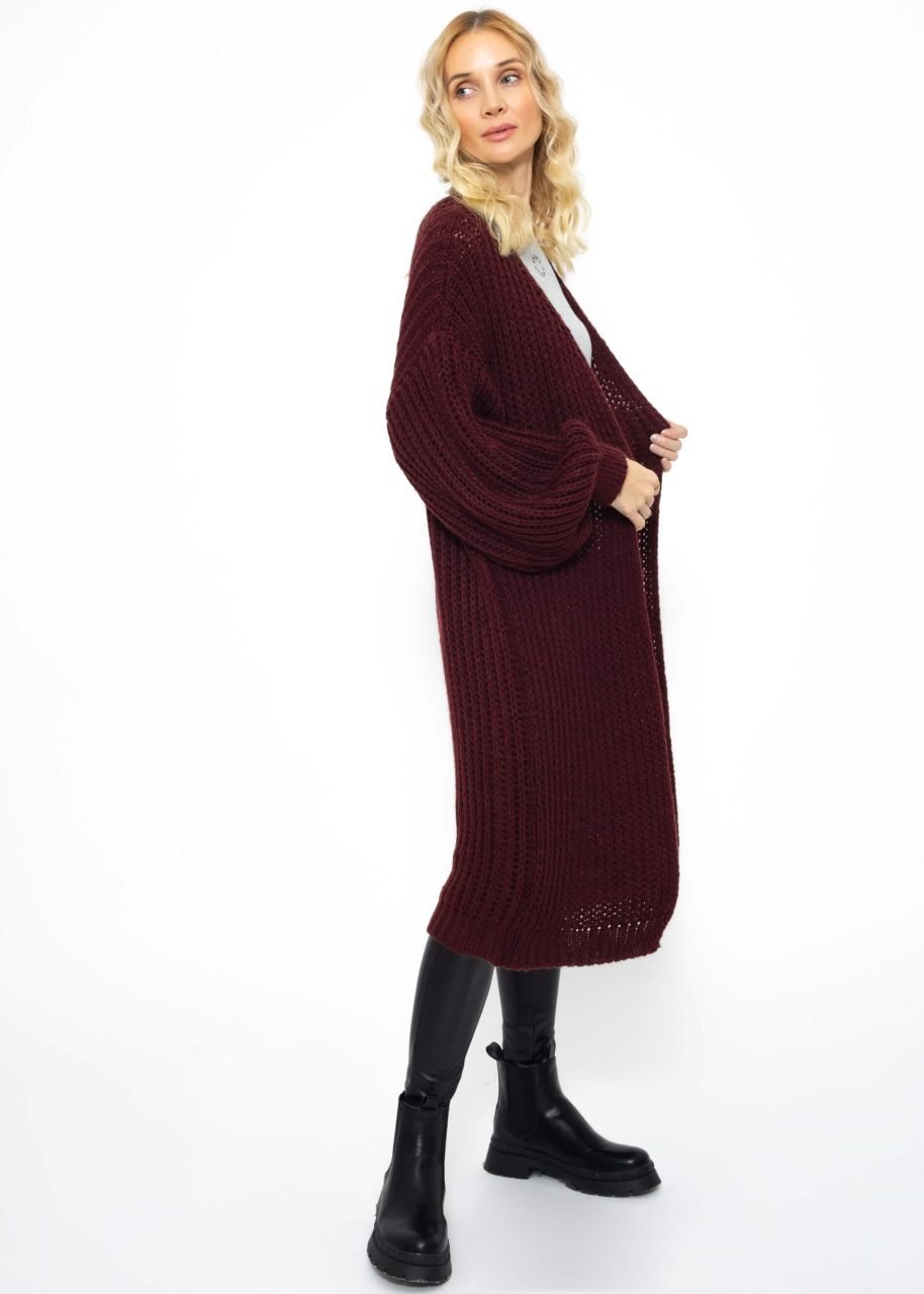 Ribbed long cardigan with balloon sleeves - burgundy