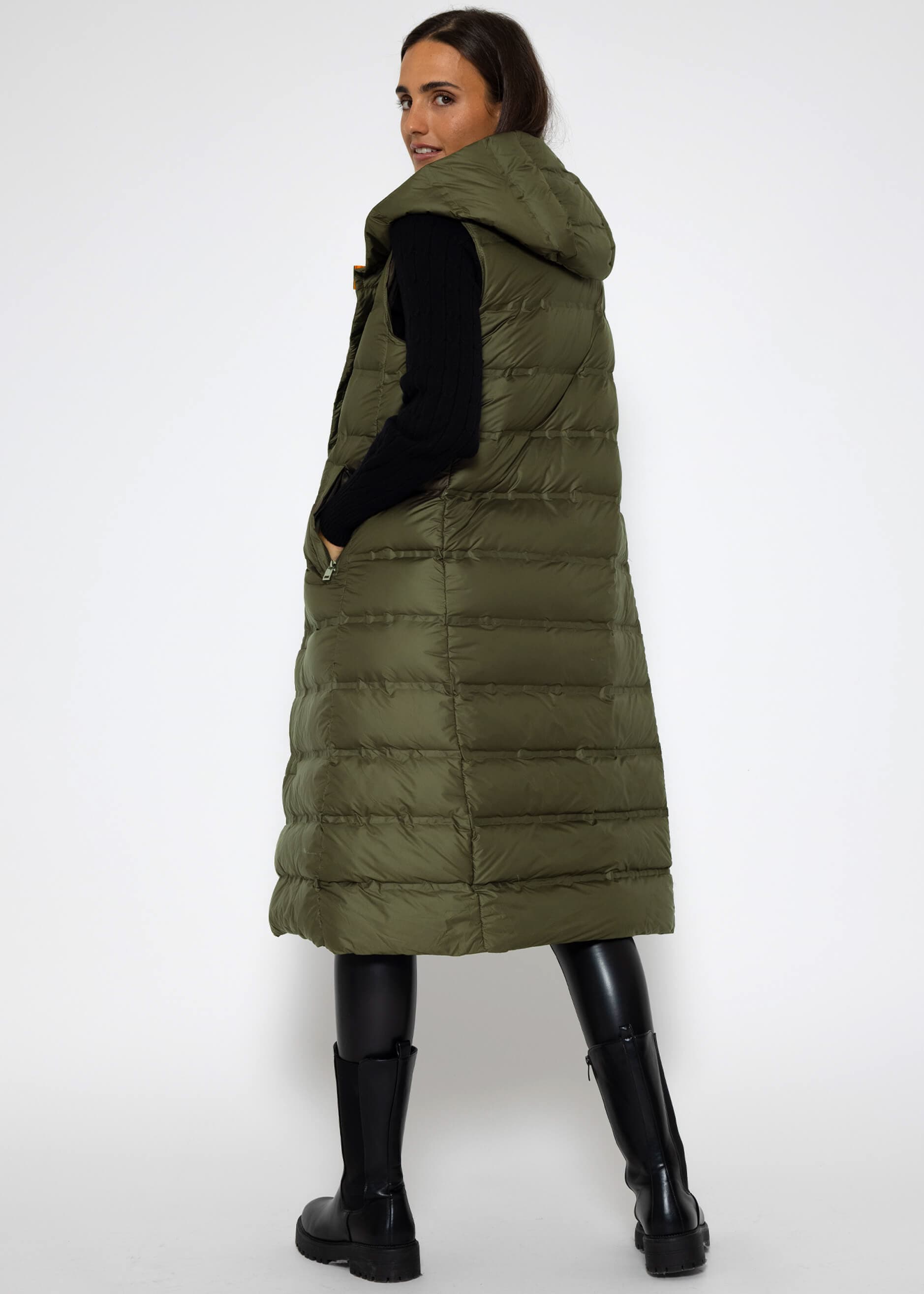 Long quilted waistcoat with hood - khaki, Jackets, Clothing