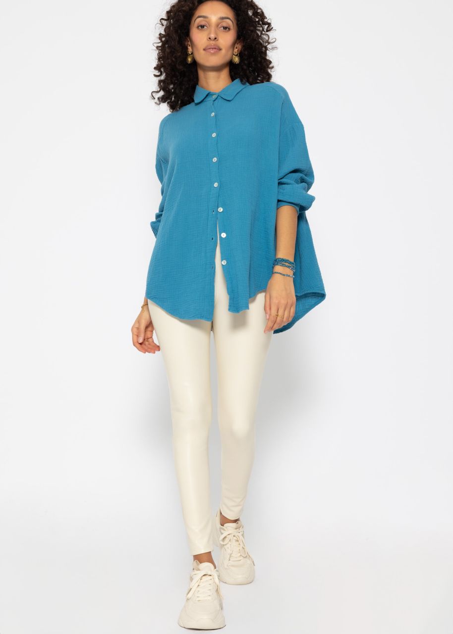 Muslin blouse oversize, short, petrol blue