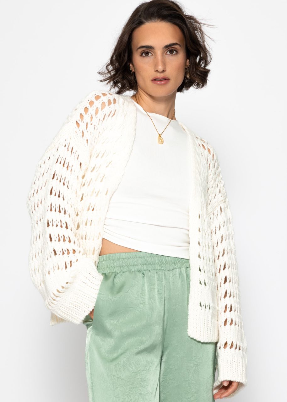 Casual cardigan with a lace knit pattern - off-white