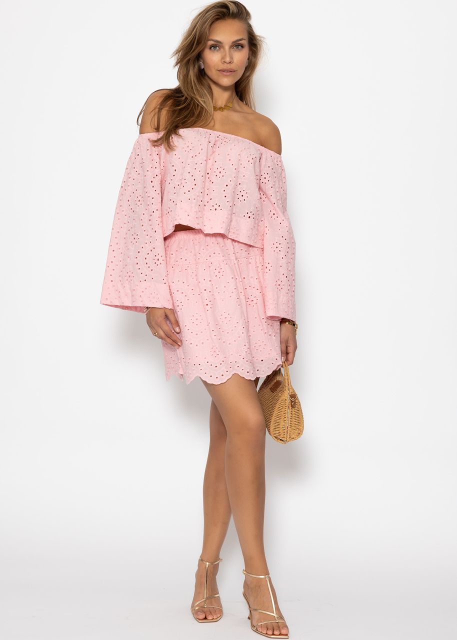 Off-the-shoulder long sleeve top with eyelet embroidery - pink