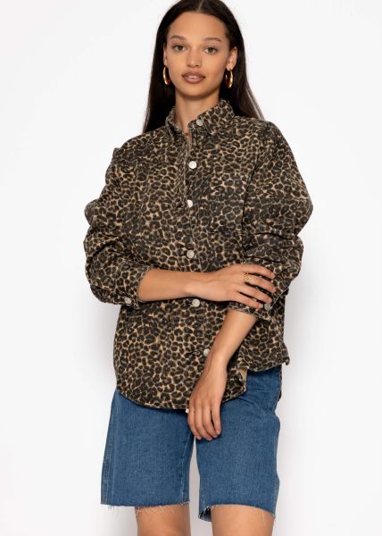 Denim shirt jacket with leopard print - beige