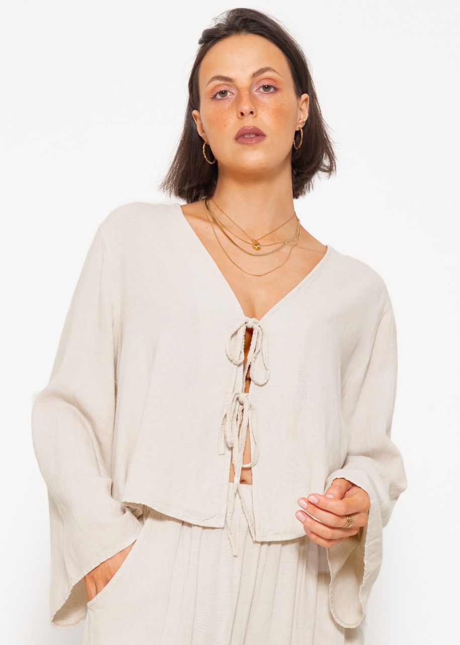 Linen blouse jacket with tie ribbons - greige