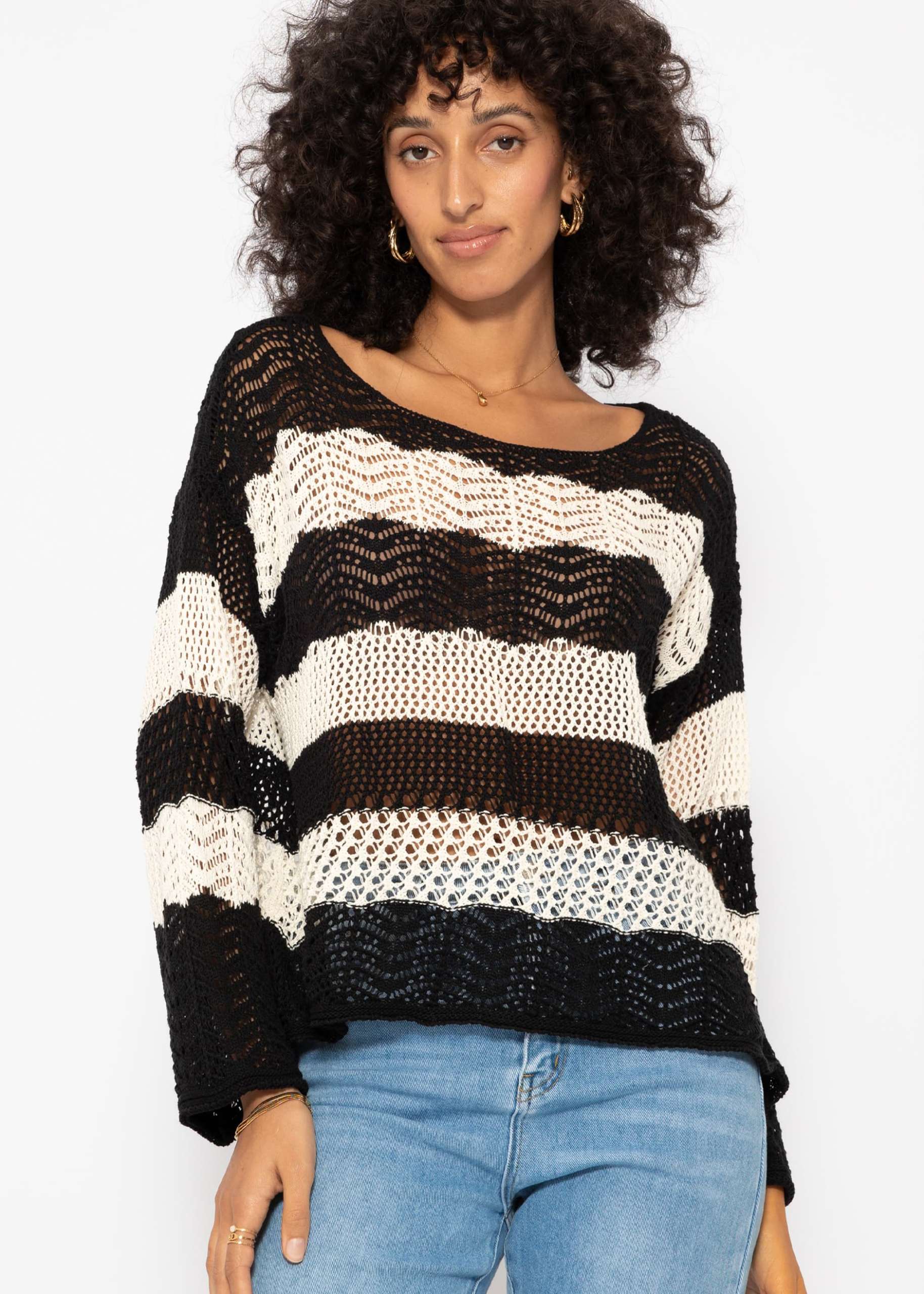 Striped ajour knit jumper - black-beige