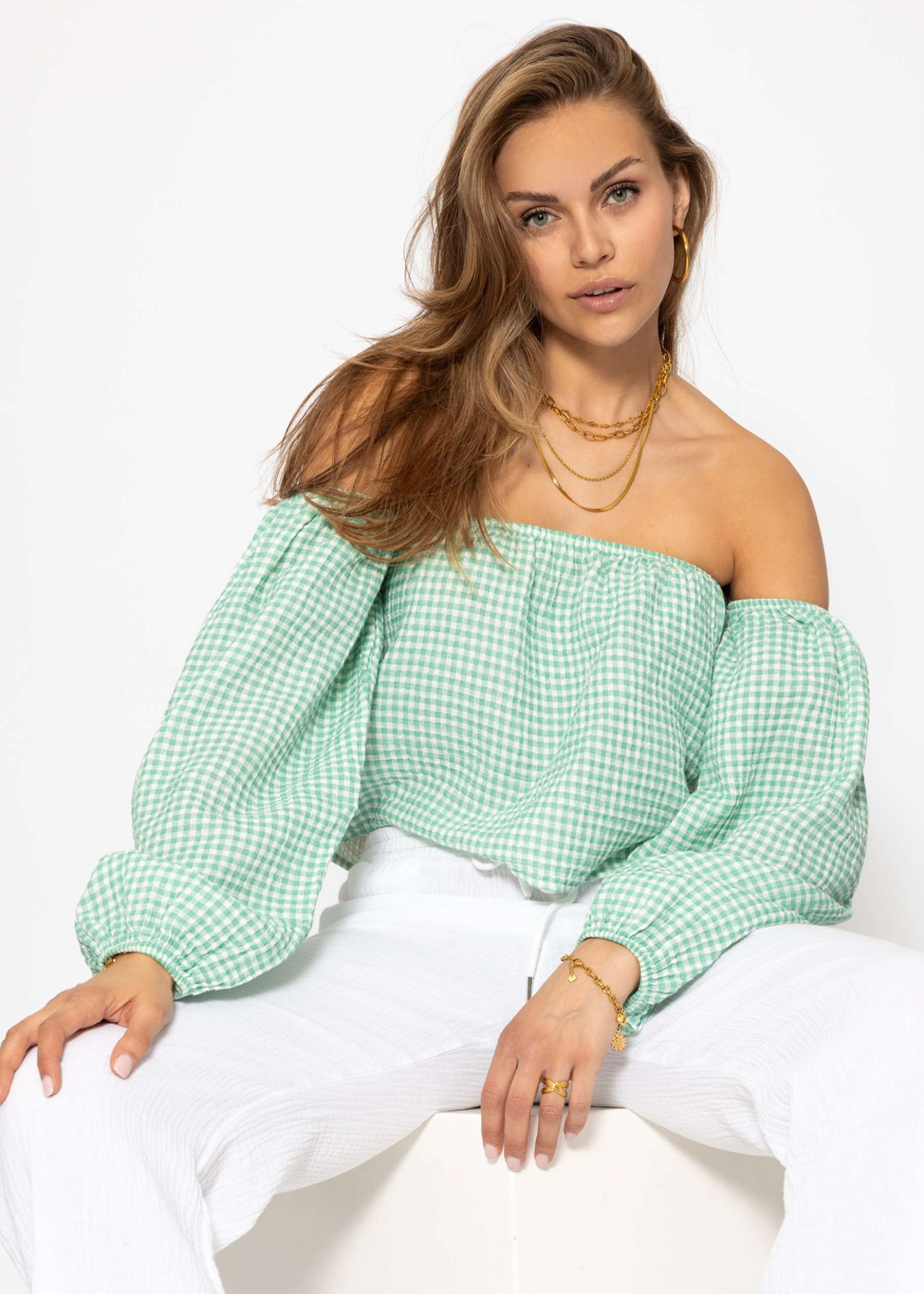 Muslin top with Vichy print, off-the-shoulder - sage green-white