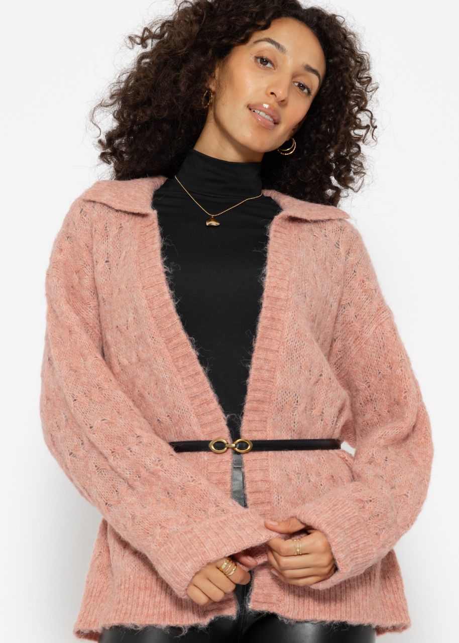 Fluffy cable-knit cardigan with collar - dusky pink