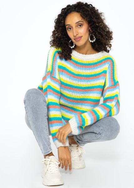 Round neck jumper with colourful striped stripes - offwhite