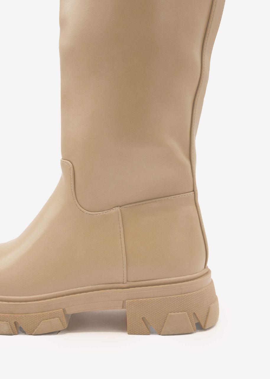 Knee high boots with tabs, light beige