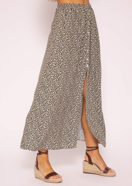 Long skirt with floral print, black