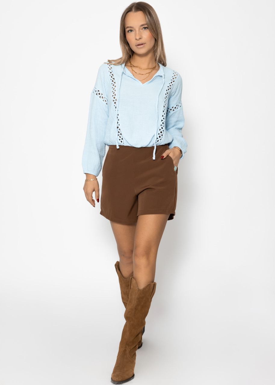 Muslin blouse with lace insert - light blue