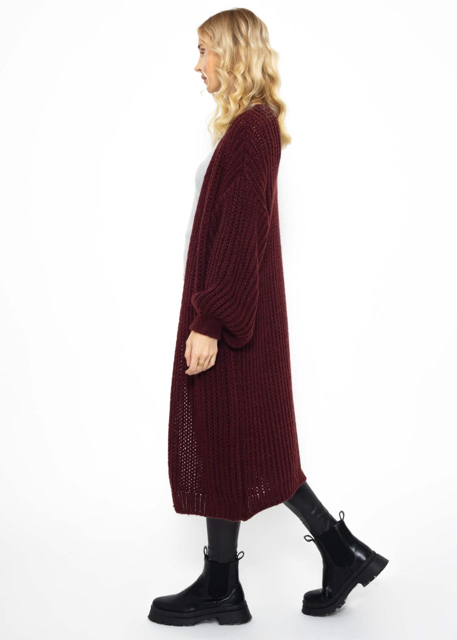 Ribbed long cardigan with balloon sleeves - burgundy