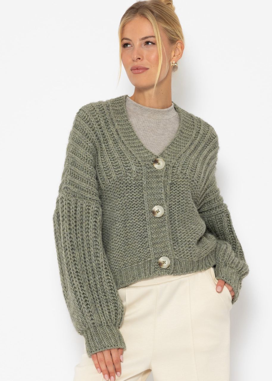 Jessica Haller Knitted cardigan with ribbed sleeves and button placket - khaki