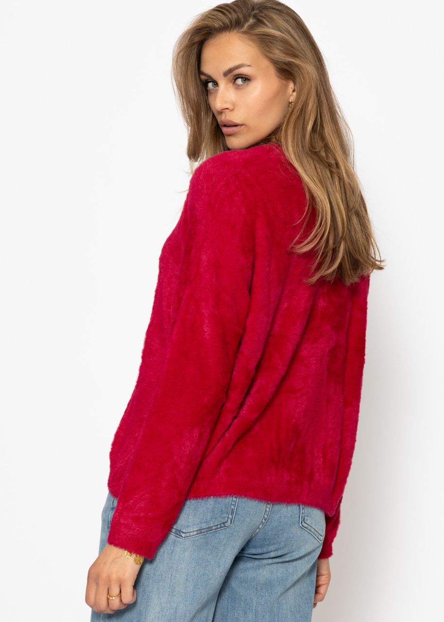 Fluffy cardigan with buttons - berry