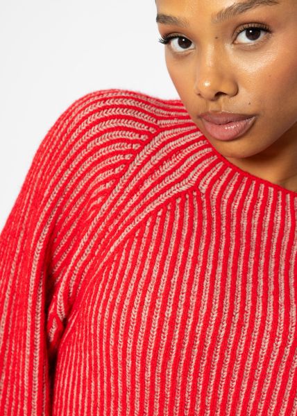 Two-coloured ribbed jumper - red-beige