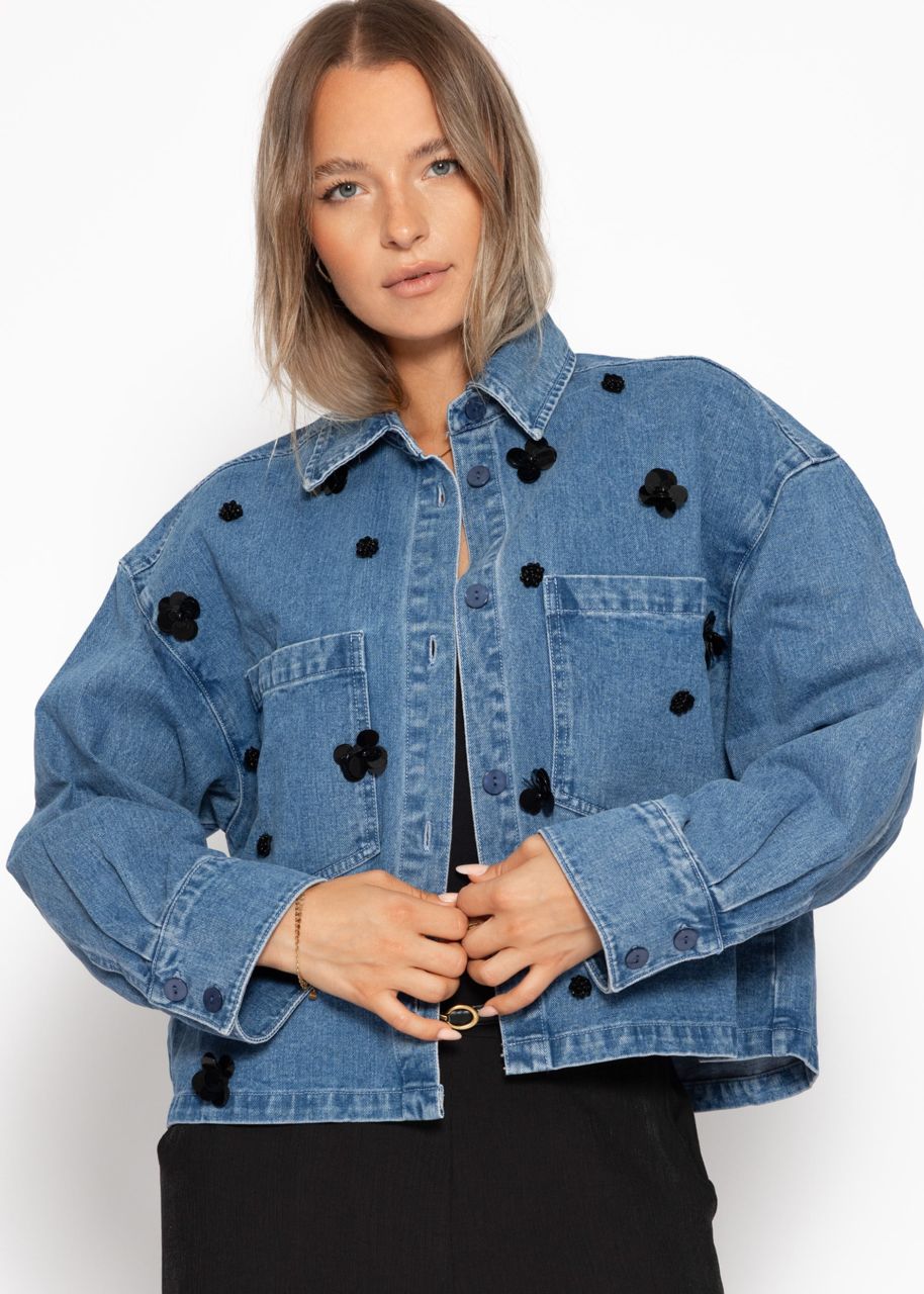 Denim jacket with floral appliqués - blue