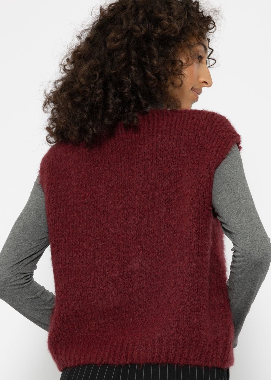 Fluffy, sleeveless knitted vest - burgundy