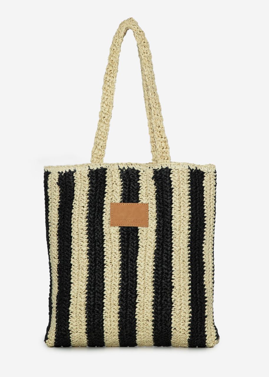 Striped raffia shopper - black