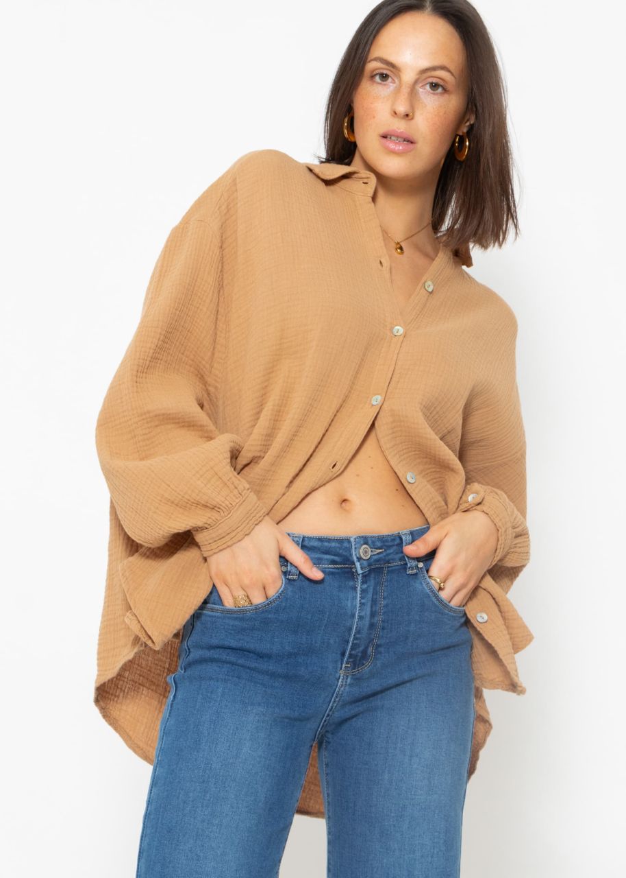 Muslin blouse oversize short - light brown