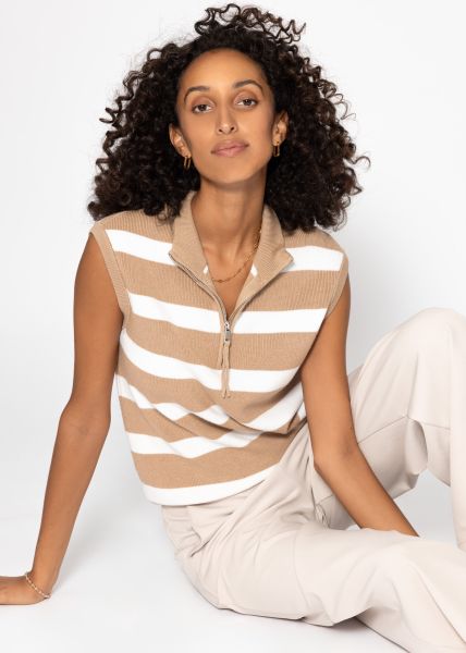 Striped top with zip - beige