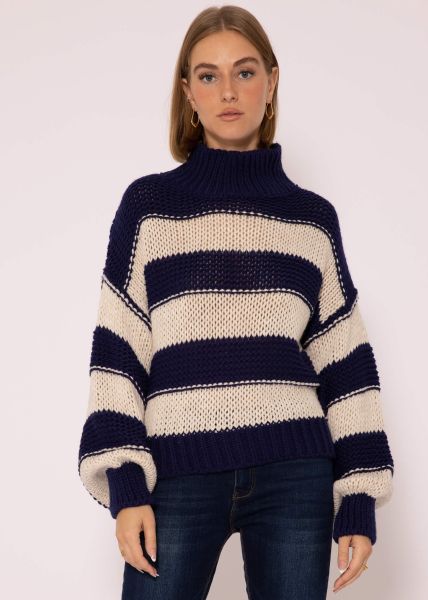 Turtleneck jumper with stripes - dark blue-beige
