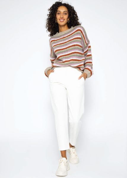 Round neck jumper with colourful striped stripes - beige