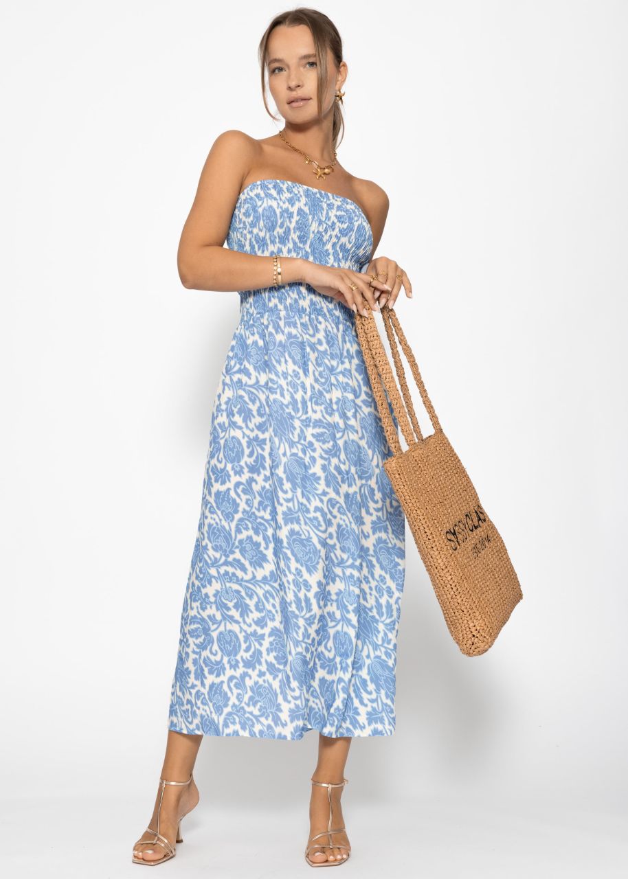 Smocked bandeau dress with print - denim blue