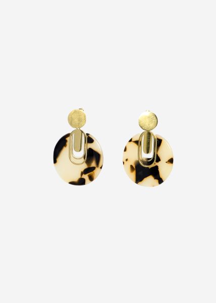 Stud earrings with round tortoiseshell pendant - gold