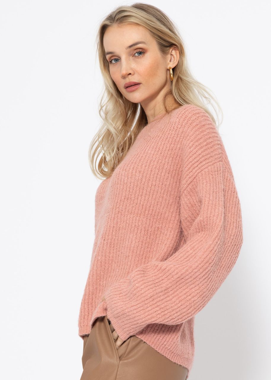 Ribbed jumper with round neckline - dusky pink