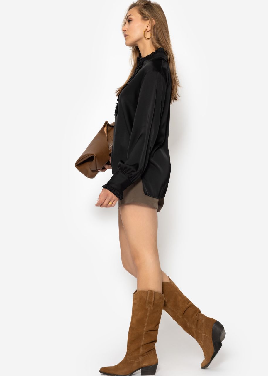 Satin blouse with ruffles - black