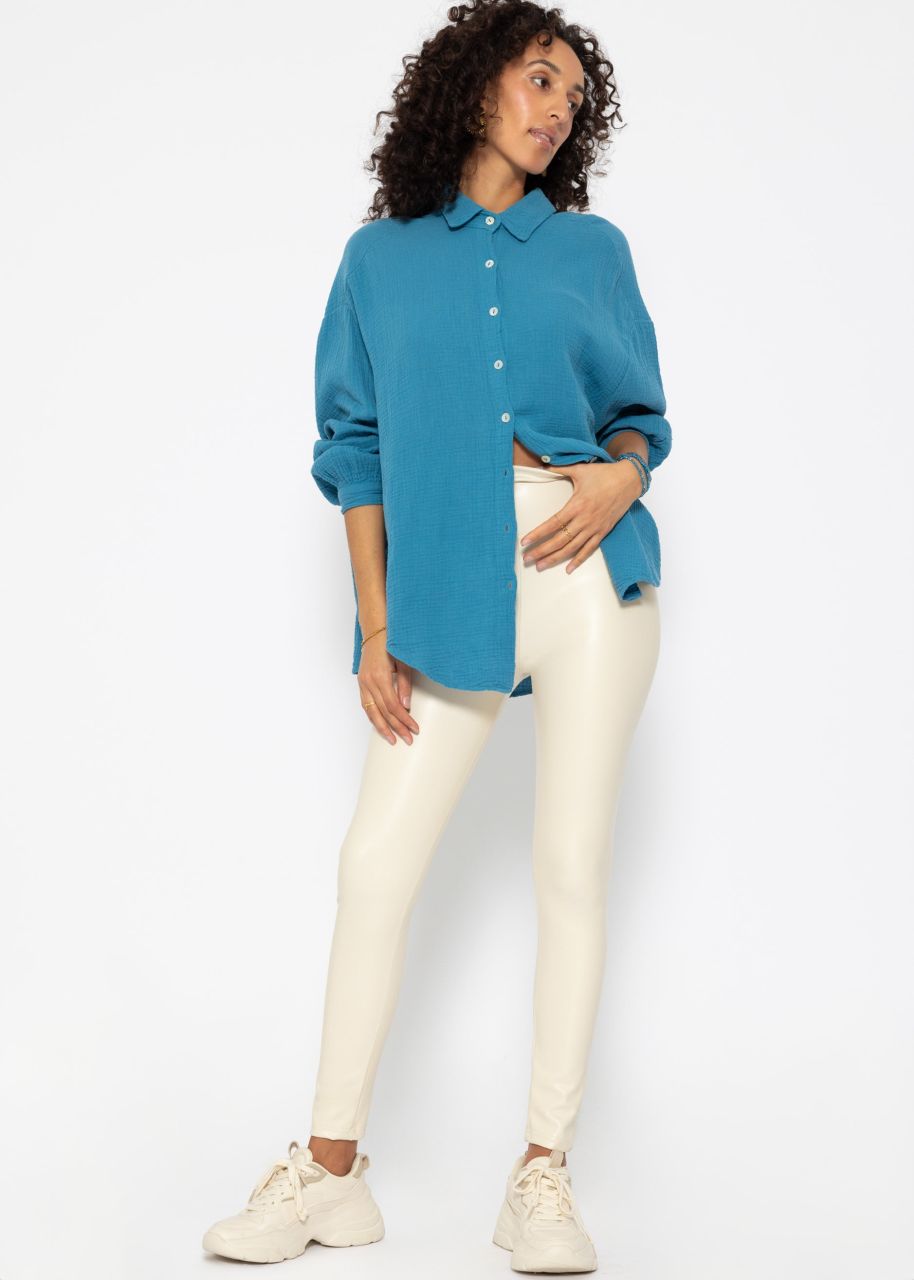 Muslin blouse oversize, short, petrol blue