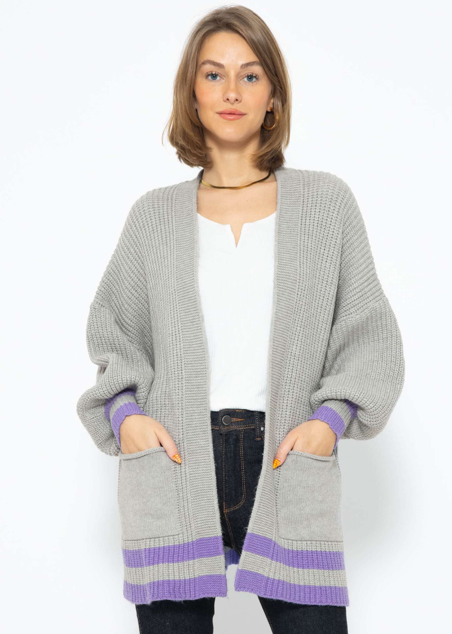 Soft knit cardigan with pockets - grey-purple