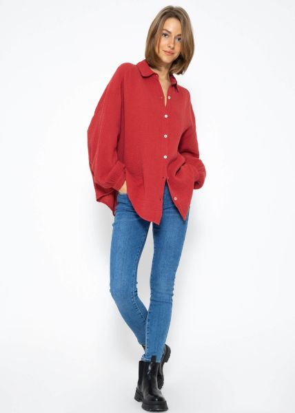Oversize muslin blouse, short - brick red