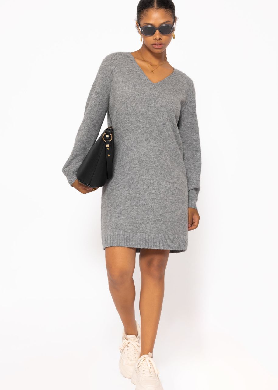 Knitted dress with V-neck - dark gray