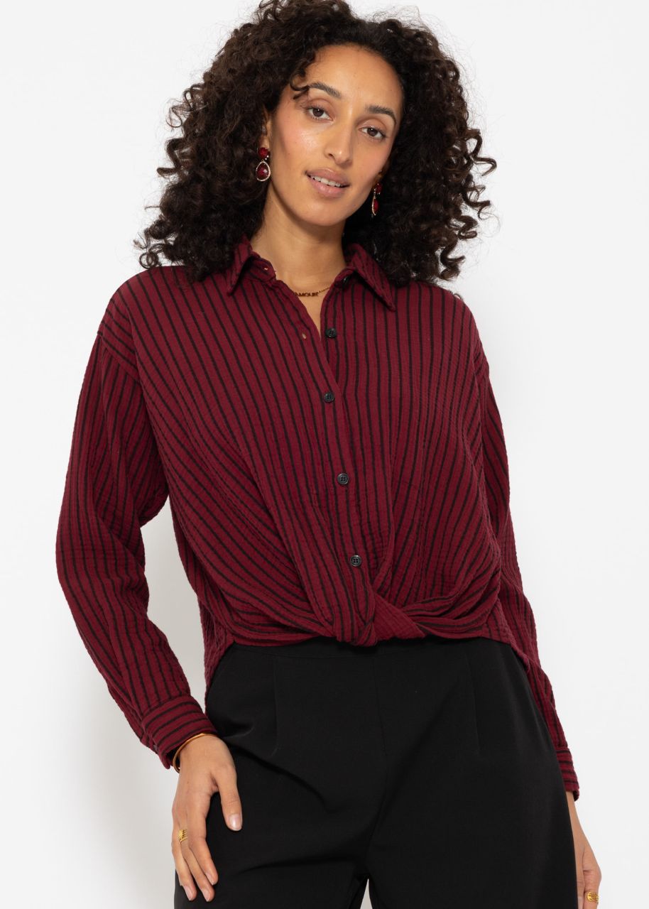 Striped muslin blouse with knot - burgundy-black