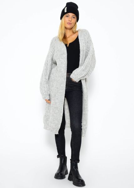 Ribbed, long cardigan with balloon sleeves - light grey