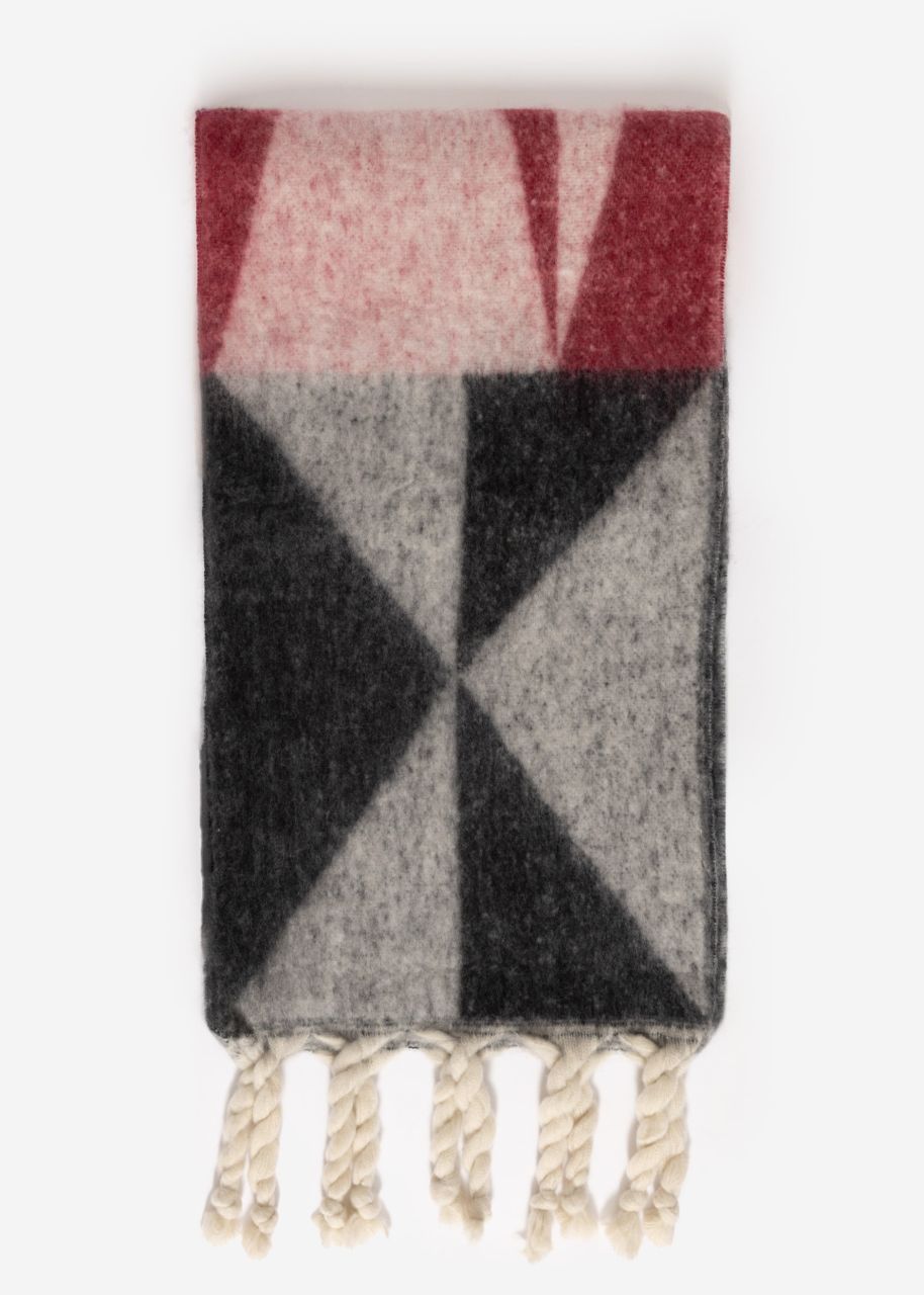 Patterned scarf with bright fringes, gray / wine red / yellow