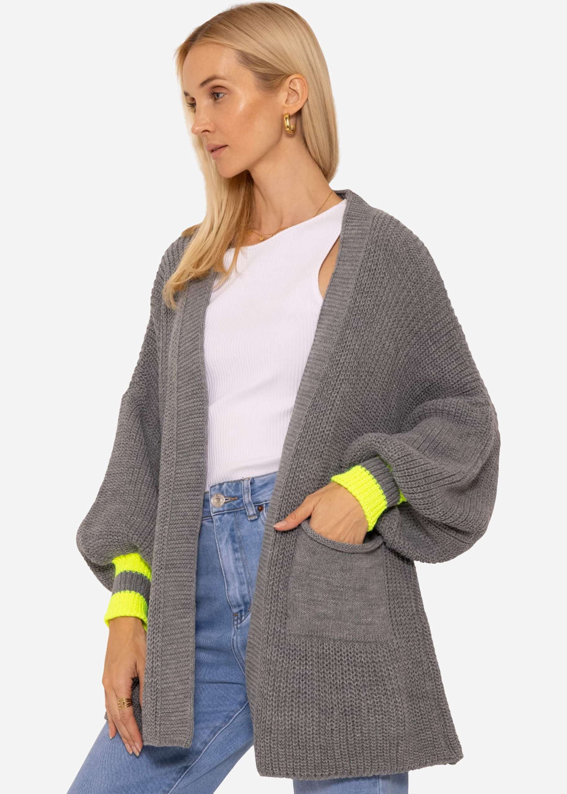 Knitted cardigan with yellow stripes - light grey