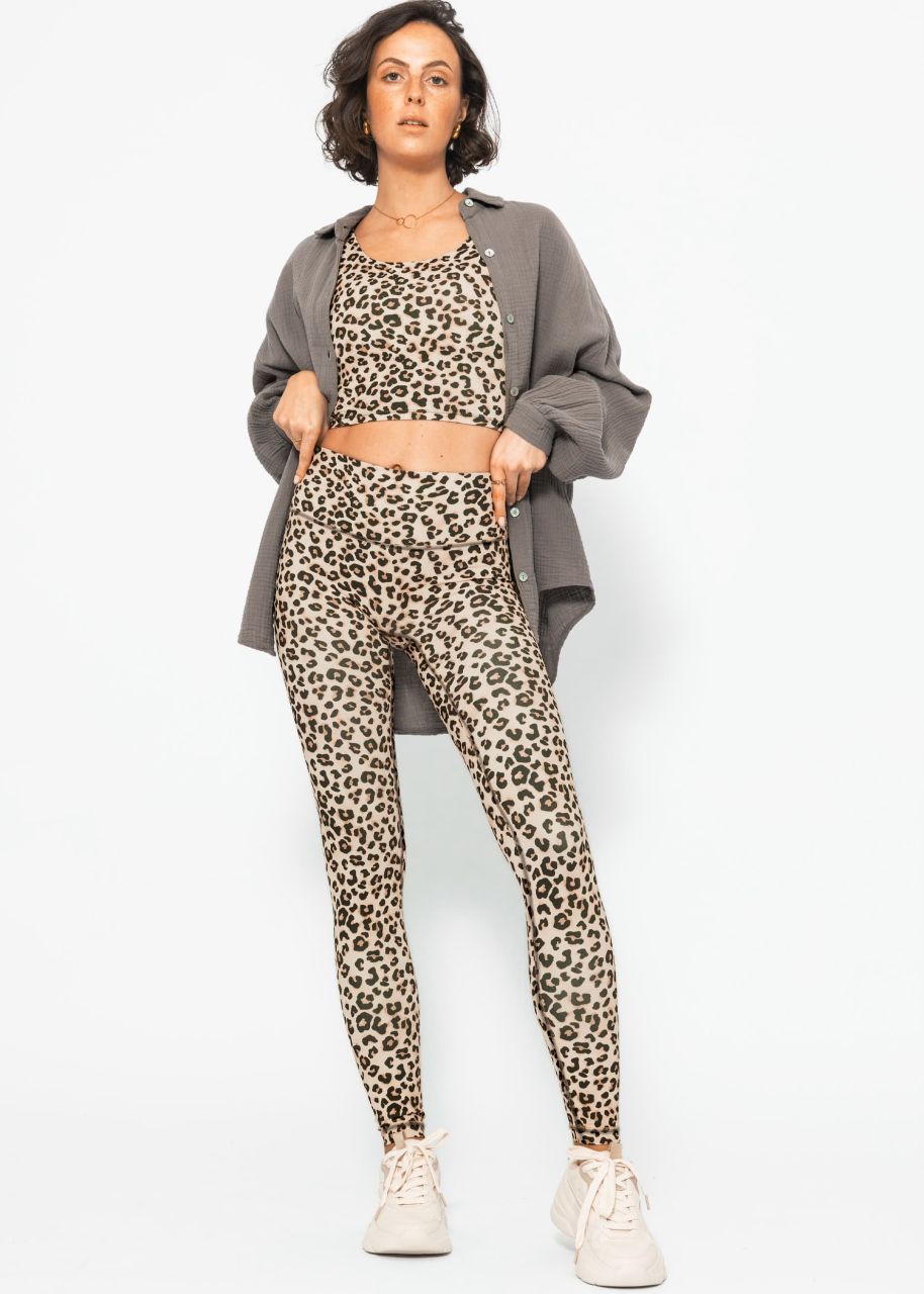 High waist sports leggings with leo print - beige