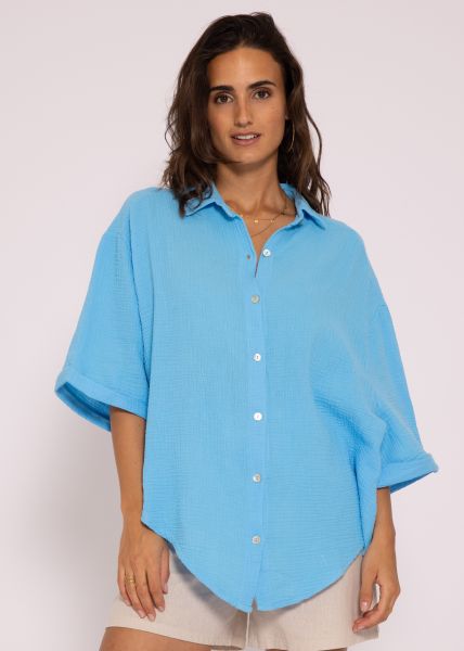 Muslin blouse oversize short sleeve, short, azure blue