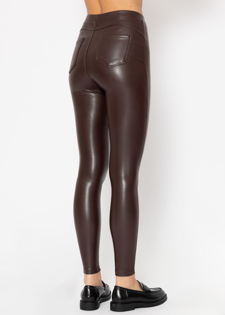 Thermo leather leggings with patch pockets, dark brown