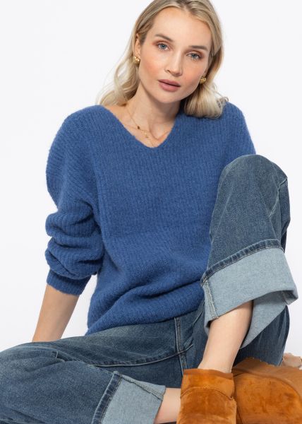 Ribbed jumper with V-neck - blue