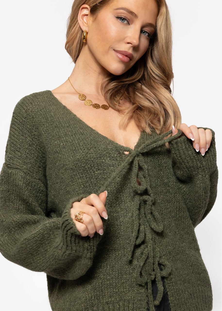 Fluffy cardigan with bow fastening - khaki