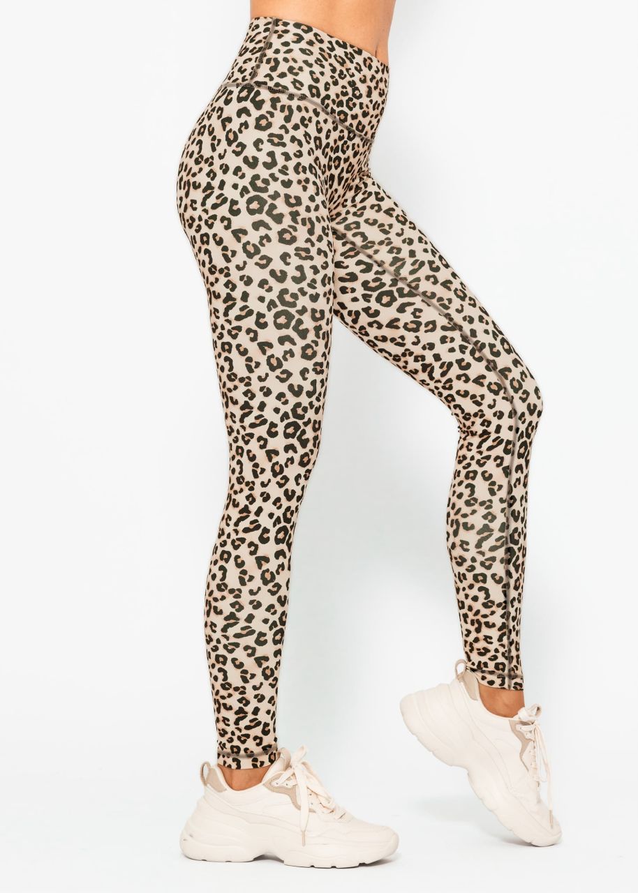 High waist sports leggings with leo print - beige