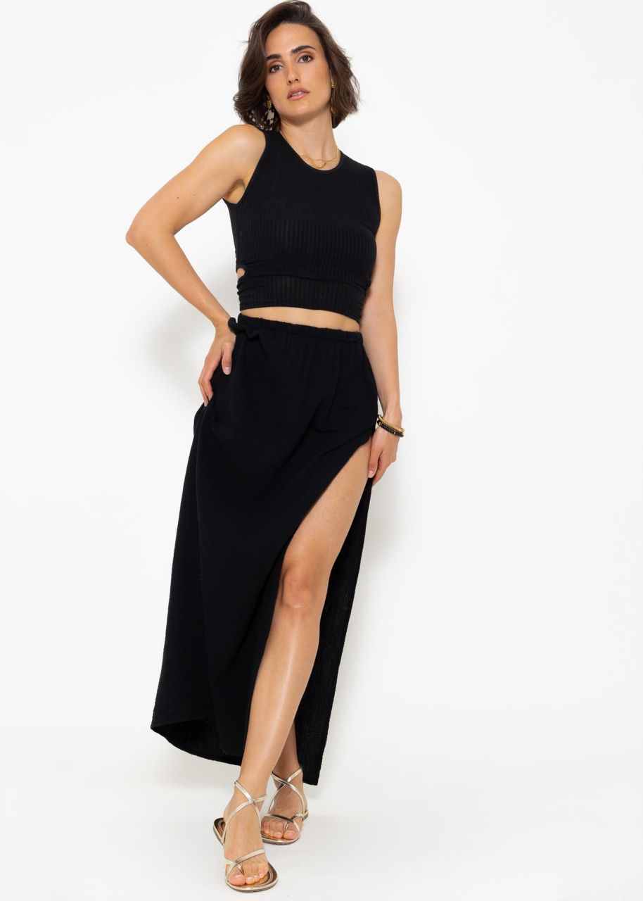 Long muslin skirt with high slit - black